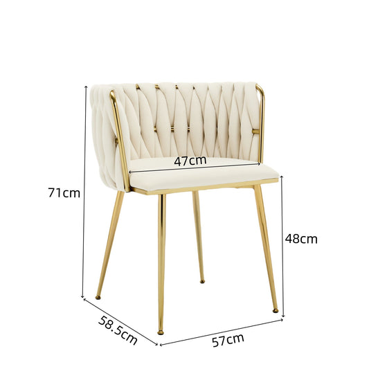 Set of 2 Velvet Upholstered Woven Dining Chairs with Golden Metal Legs, Beige
