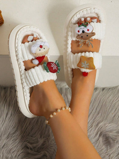 Christmas Cartoon Plush Slippers, Unisex Lightweight Thick-Soled Anti-Slip Fuzzy Slippers for Couples & Family(white-41-42)