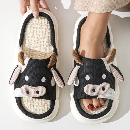 Unisex Cow Cartoon Linen Slippers: EVA Thick Sole Non-Slip Beach Sandals for Couples & Parent-Child, 7 Styles(black-35-36)