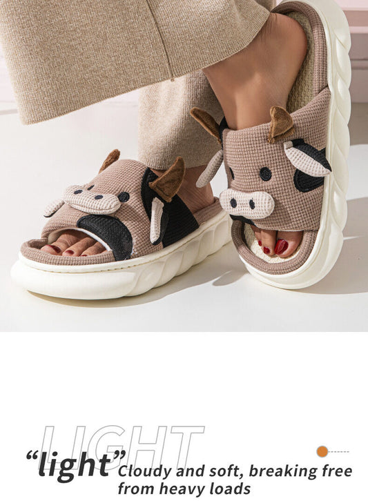 Unisex Cow Cartoon Linen Slippers: EVA Thick Sole Non-Slip Beach Sandals for Couples & Parent-Child, 7 Styles(coffee brown-43-44)