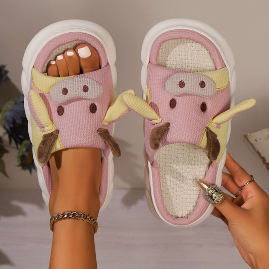 Unisex Cow Cartoon Linen Slippers: EVA Thick Sole Non-Slip Beach Sandals for Couples & Parent-Child, 7 Styles(pink-39-40)