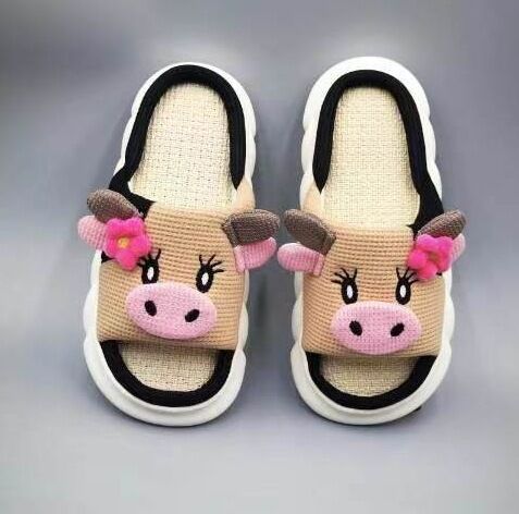 Unisex Cow Cartoon Linen Slippers: EVA Thick Sole Non-Slip Beach Sandals for Couples & Parent-Child, 7 Styles(khaki-41-42)
