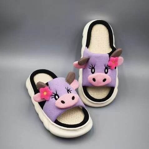 Unisex Cow Cartoon Linen Slippers: EVA Thick Sole Non-Slip Beach Sandals for Couples & Parent-Child, 7 Styles(purple-35-36)