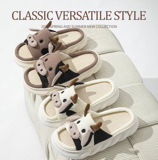 Unisex Cow Cartoon Linen Slippers: EVA Thick Sole Non-Slip Beach Sandals for Couples & Parent-Child, 7 Styles(white-37-38)