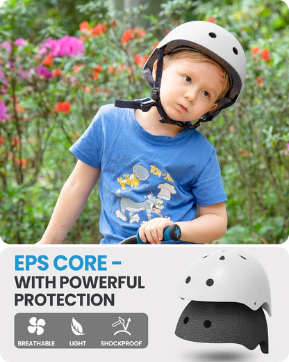 OutdoorMaster Youth & Kids Bike Helmet - Adjustable Multi-Sports Skateboard Helmet with Removable Liners for Balance Bike, Toddler Scooter, One Wheel Hoverboard-White-Small.