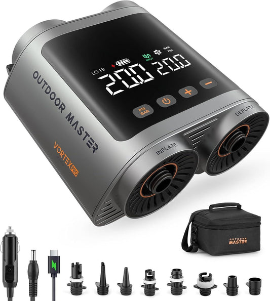 OutdoorMaster Vortex Pro 57.7Wh Rechargeable Paddle Board Pump Portable, Electric SUP Pump Battery for 3 SUPs Inflation & Deflation, Max 20PSI 12V/15.8V DC & Type-C Input, 8 Nozzles for Inflatables.