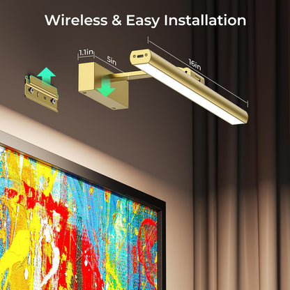Wireless Picture Lights for Wall, Battery Operated Wall Light for Painting Rechargeable CCT Rotatable Art Gallery Light with Remote Dimmable Timer for Artwork Frame Display Dartboard (Gold, 16inch)