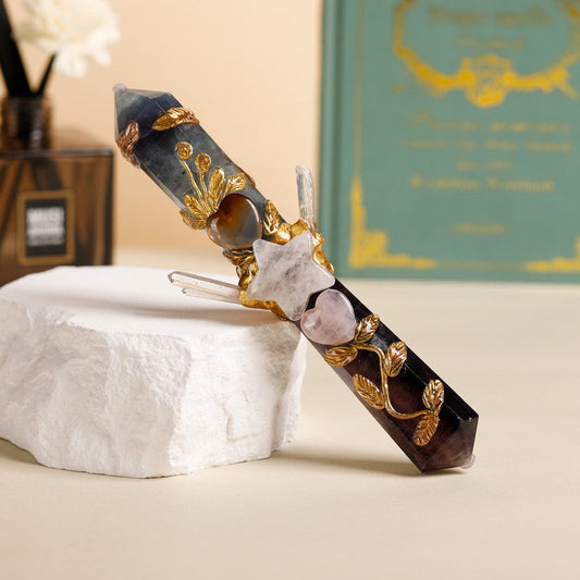 Handmade Crystal Wand Natural Stone Scepter Raw Gemstone Magic Wand Healing Tool Fluorite B.