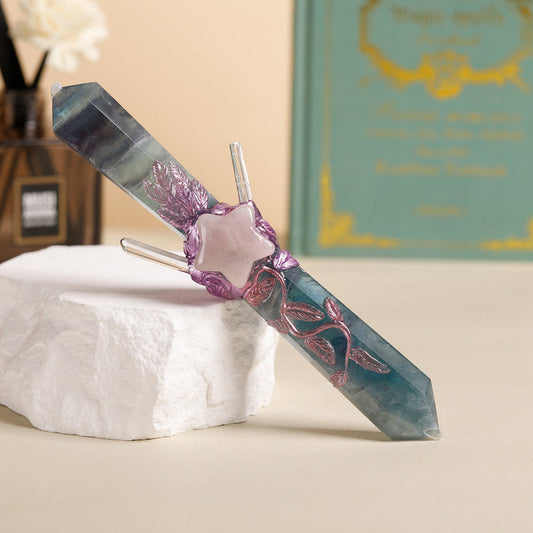 Handmade Crystal Wand Natural Stone Scepter Raw Gemstone Magic Wand Healing Tool Green Fluorite star pattern.