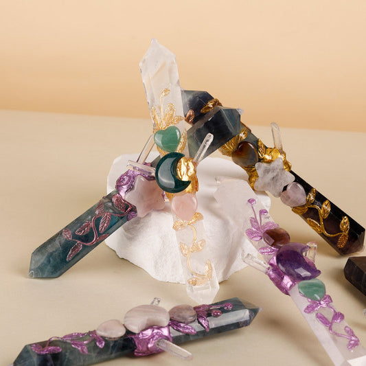 Handmade Crystal Wand Natural Stone Scepter Raw Gemstone Magic Wand Healing Tool Green Fluorite star pattern.