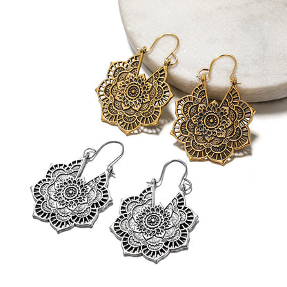 Vintage Silver Mandala Flower Dangle Earrings