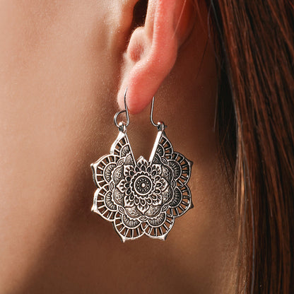 Vintage Silver Mandala Flower Dangle Earrings