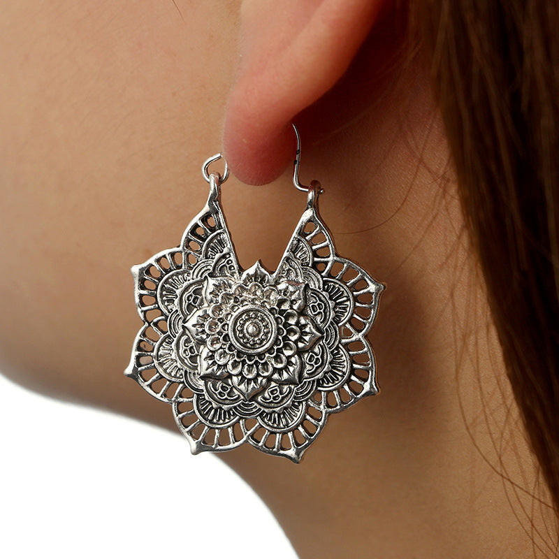 Vintage Silver Mandala Flower Dangle Earrings