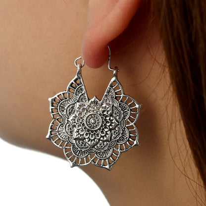 Vintage Silver Mandala Flower Dangle Earrings