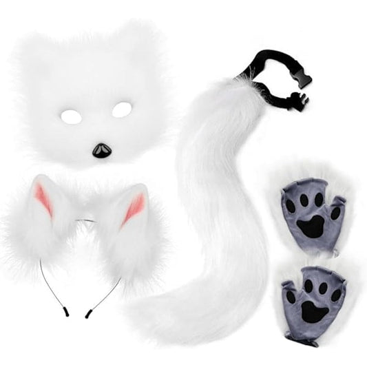 Fox Tail & Ears Set, Cat Costume with Gloves, White Halloween Cosplay Accessories white.