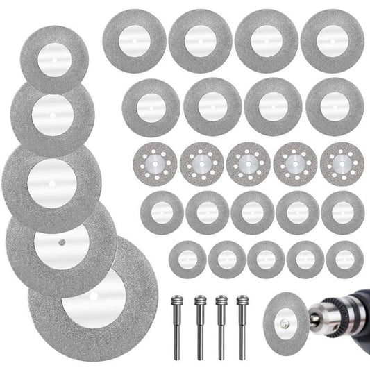 Diamond Cutting Discs 32pcs with 4 Mandrels 16-60mm for Glass Stone Wood Metal Ceramic.