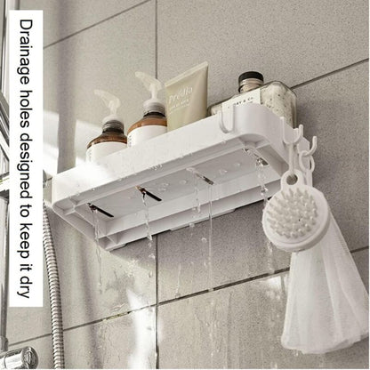 Set of 2 shower shelves, shower shelf without drilling, wall shelf with 6 removable hooks, for bathroom, kitchen, white