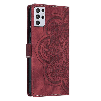 Compatible with Samsung Galaxy S21 Ultra 5G Case Red Mandala Embossed Retro Frosted Leather Phone Cover.
