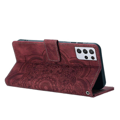 Compatible with Samsung Galaxy S21 Ultra 5G Case Red Mandala Embossed Retro Frosted Leather Phone Cover.