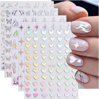 Aurora Nail Stickers 8 Sheets 3D Holographic Laser Heart Star Moon Flower Butterfly Nail Decals Self-Adhesive