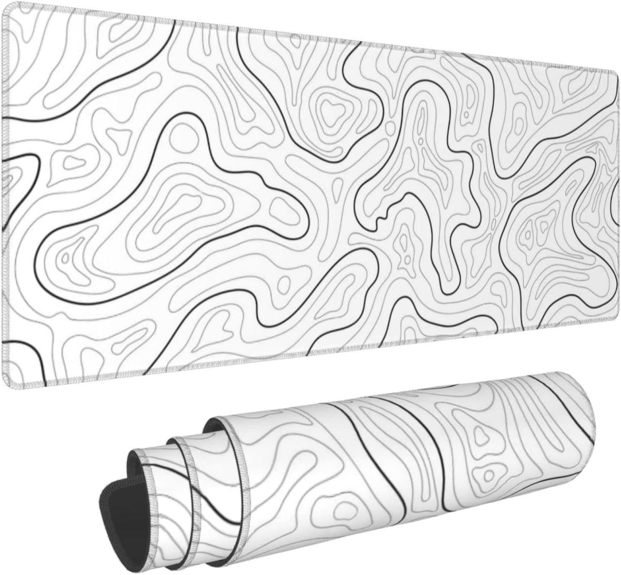 Abstract Topographic Map White Grey Black Gaming Mouse Pad Long Mouse Pad Large Desk Mat 31.5 X 11.8 Inch Mousepad with Non-Slip Base Stitched Edge Keyboard Mat for Gaming Office.