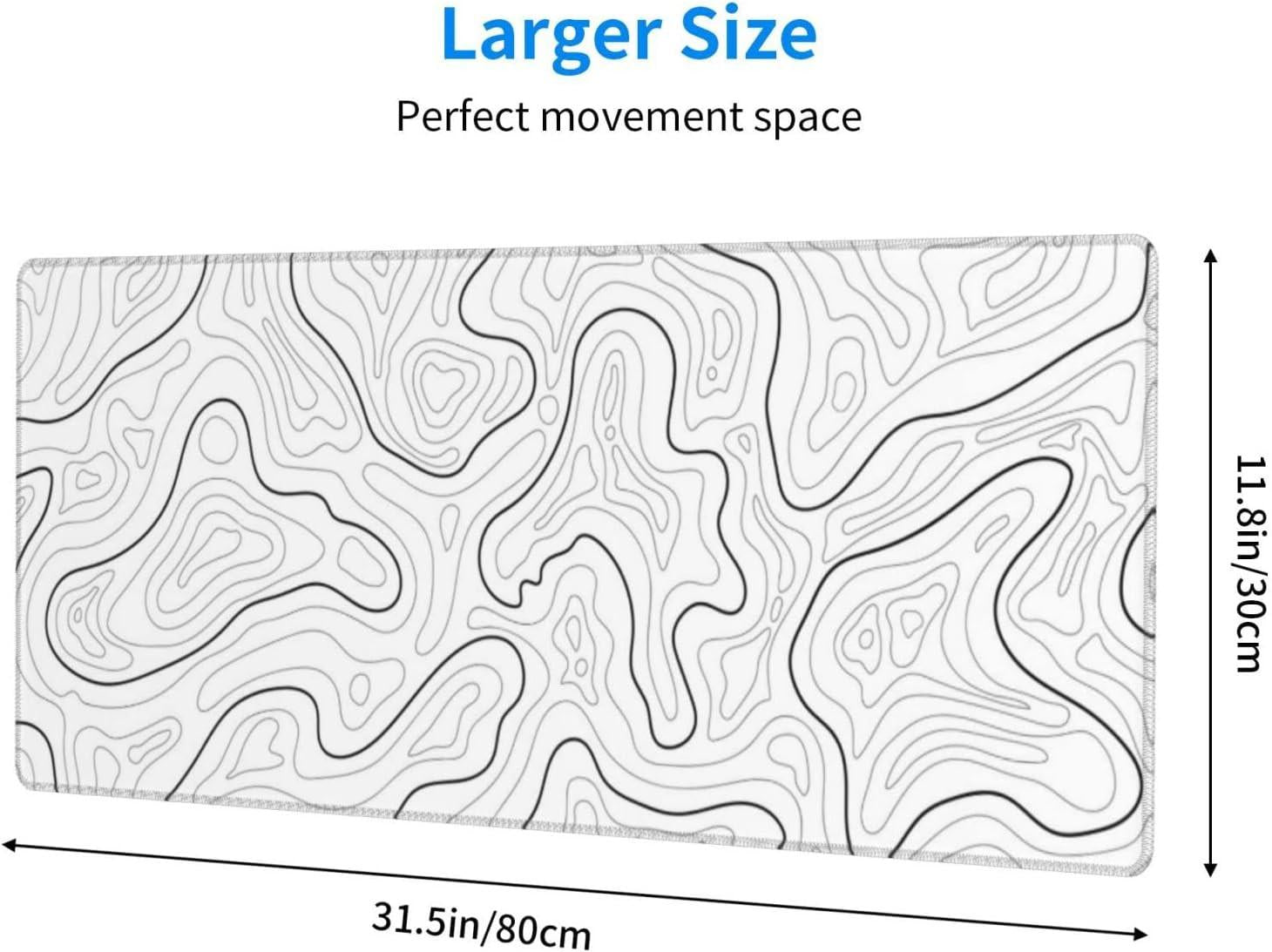 Abstract Topographic Map White Grey Black Gaming Mouse Pad Long Mouse Pad Large Desk Mat 31.5 X 11.8 Inch Mousepad with Non-Slip Base Stitched Edge Keyboard Mat for Gaming Office.