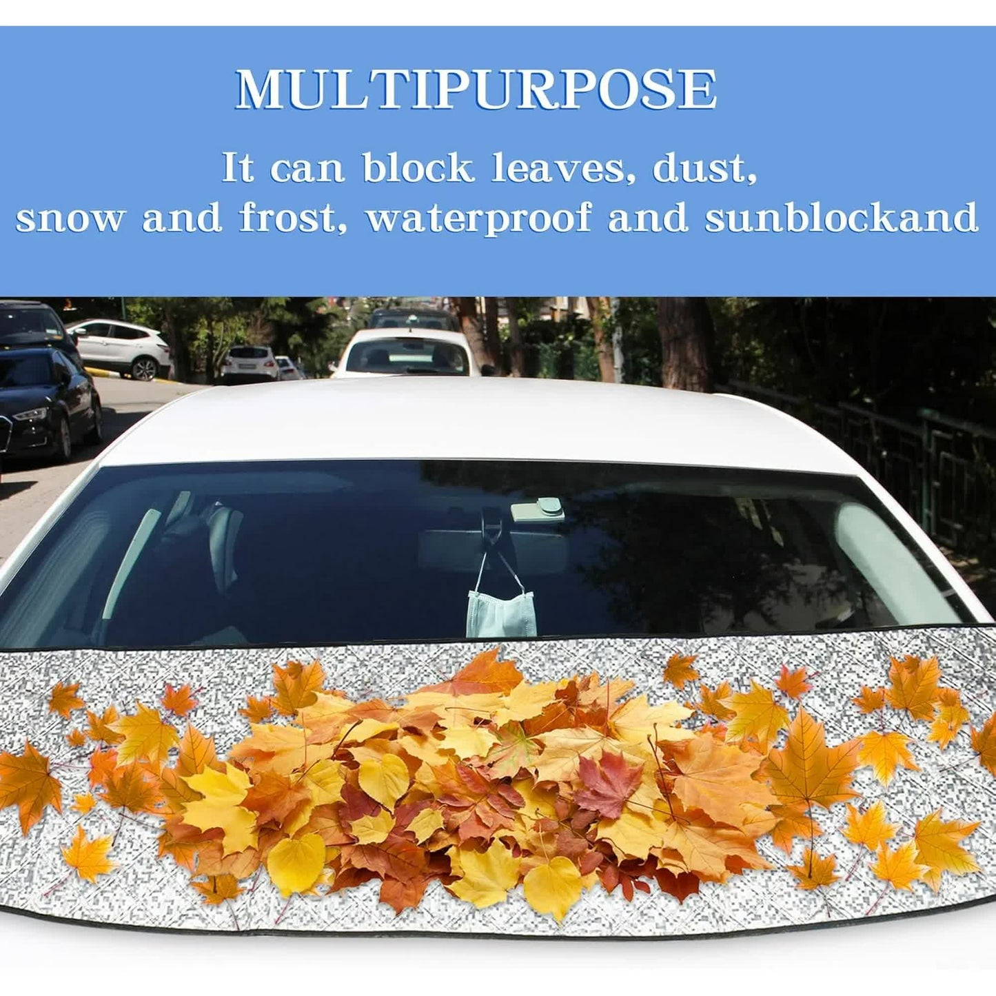Car Front Windshield Cover Shade, 66.9"×17.7" Windshield Snow Cover for Fallen Leaf Dust and Snow, Universal Windshield Protector for All Seasons(Silver)