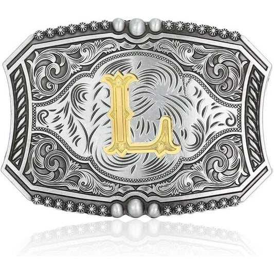 Men's American Western Belt Buckle Knight Vintage Initial Letters A to Z Alphabet Cowboy Rodeo Belt Buckle