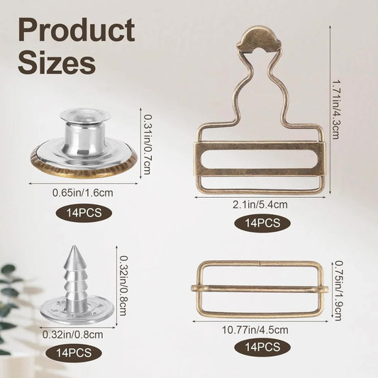 14 Sets Metal Overall Buckles, 1-1/2" Dungaree Replacement Clasp Clips with Adjustable Slide Buckle Buttons for Suspender Jeans Bib Pants DIY Sewing Accessories, Bronze