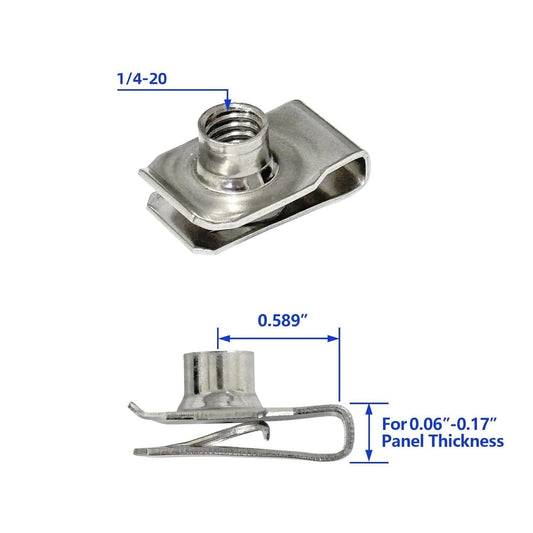 1/4"-20 U-Style Clip-On Nut, U-Type Stainless Steel 18-8 (304) Regular Extruded U-Nut, Pack of 20.