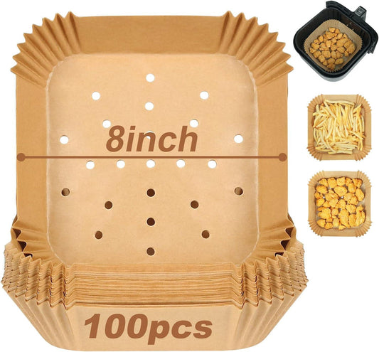 Square Air Fryer Liners for 2 to 5 Qt, Set of 100, 8 Inch Perforated Square Air Fryer Parchment Paper, Air Fryer Filters for Basket, Compatible with Corsori, Instant Vortex, Dash and More.