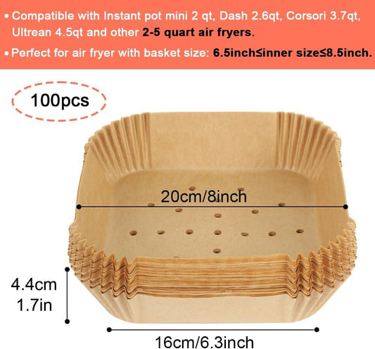Square Air Fryer Liners for 2 to 5 Qt, Set of 100, 8 Inch Perforated Square Air Fryer Parchment Paper, Air Fryer Filters for Basket, Compatible with Corsori, Instant Vortex, Dash and More.
