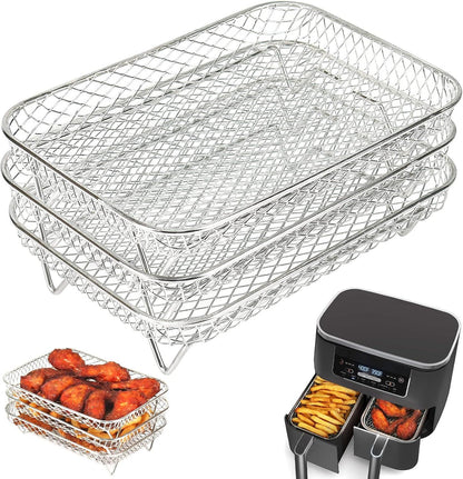 Air Fryer Rack for Ninja Dual Airfryer, 3pcs Stackable Stainless Steel Dehydrator Rack, Rectangle Double Air Fryer Accessories, Ninja Dual Airfryer Accessories.