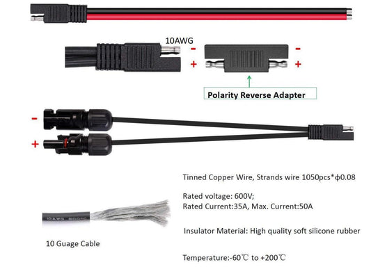 Solar Panel Connectors 10AWG Compatible with MC-4 Solar Connecter to SAE Adapter PV Extension Cable Wire for RV Caravan Solar Panels Battery Charger kit with Two SAE to SAE Polarity Reverse Adapters.