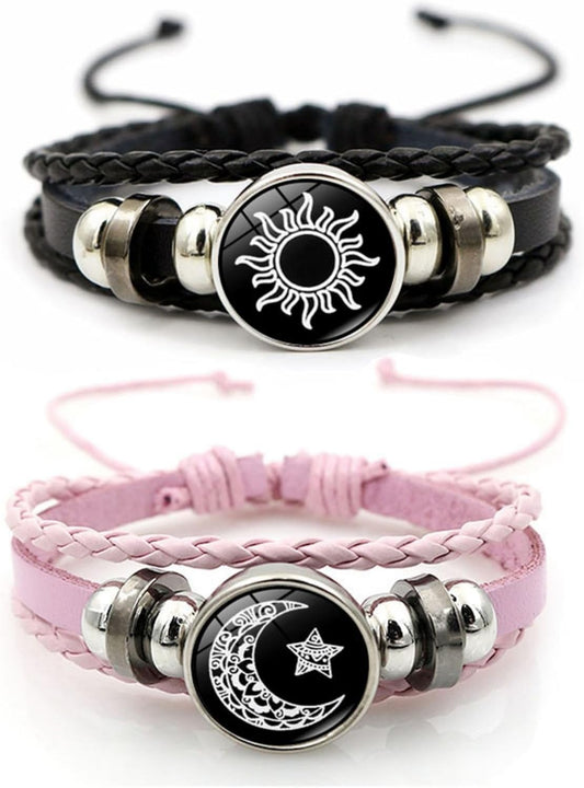 Luminous Sun and Moon Couple Bracelet - Glow in the Dark Matching Braided Leather Jewelry for Couples, Adjustable Long Distance Love Gift for Him & Her.