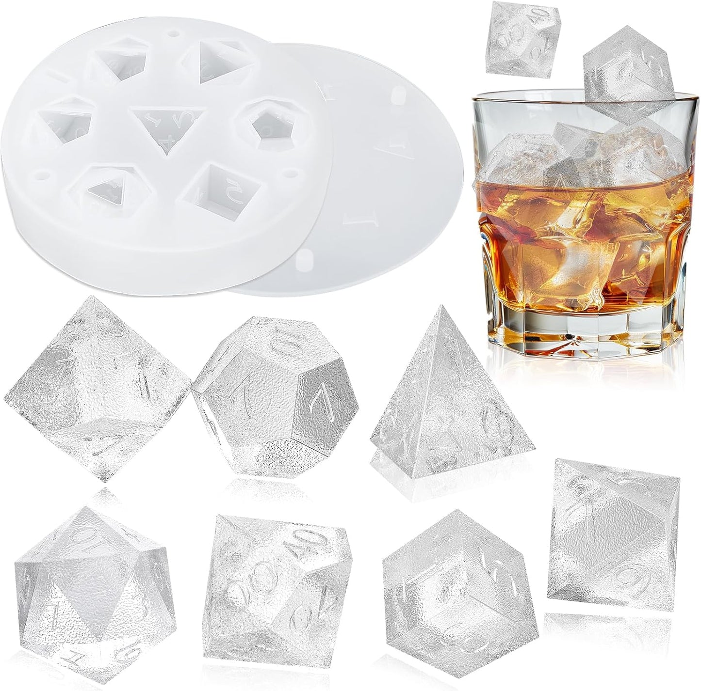 7 Shapes DND Dice Whisky Ice Cubes Mold, 3D Dice Mold DND Accessories For Whiskey Cocktail Summer Ice Drink, Funny DND Gifts For Table Game Lovers Transparent  Transparent.