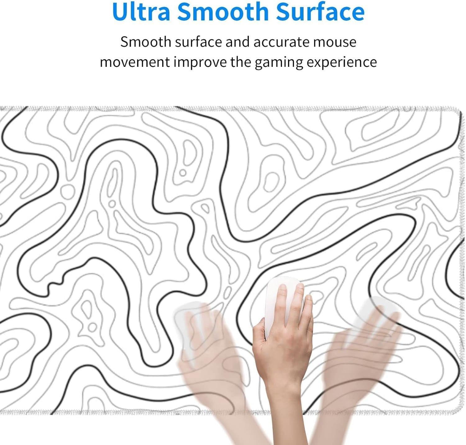 Abstract Topographic Map White Grey Black Gaming Mouse Pad Long Mouse Pad Large Desk Mat 31.5 X 11.8 Inch Mousepad with Non-Slip Base Stitched Edge Keyboard Mat for Gaming Office  Light Grey White.
