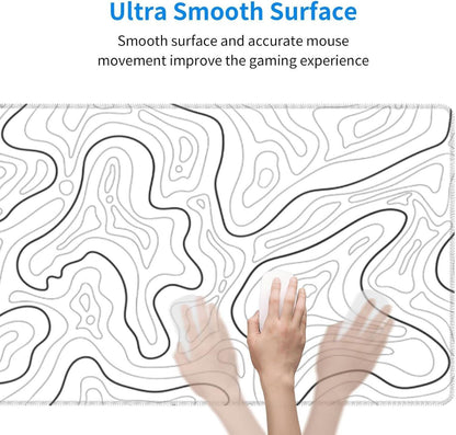 Abstract Topographic Map White Grey Black Gaming Mouse Pad Long Mouse Pad Large Desk Mat 31.5 X 11.8 Inch Mousepad with Non-Slip Base Stitched Edge Keyboard Mat for Gaming Office  Light Grey White.