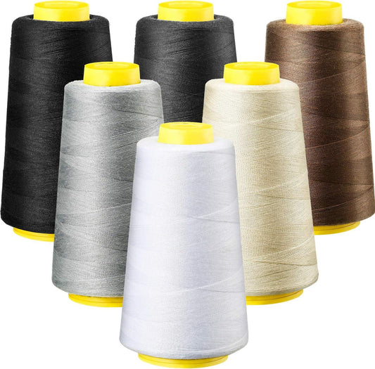 6 Rolls 3000 Yard Each Serger Thread Polyester Cones Spool Thread for Sewing Serger Overlock Quilting Sewing Machine (Black, White, Beige, Grey, Dark Grey, Coffee)  Black, White, Beige, Grey,.