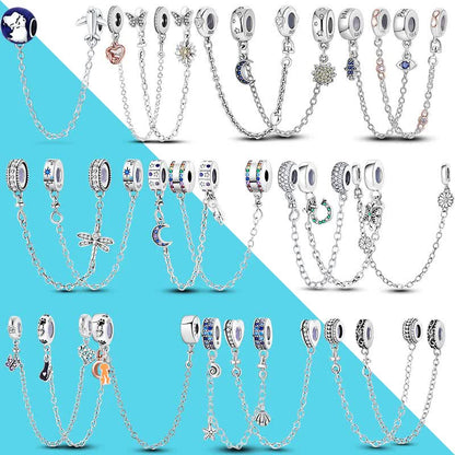 925 Sterling Silver Clip Charms Safety Chain Charm Silicone Stopper Bead Fit Jewelry Making For Bracelet T Diy PTC512.