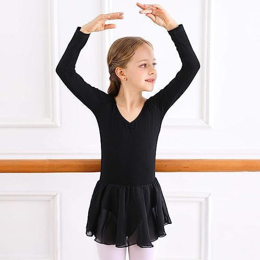 Black Ballet Dress for Girls with Long Sleeves Tulle Skirt Size 130 cm.