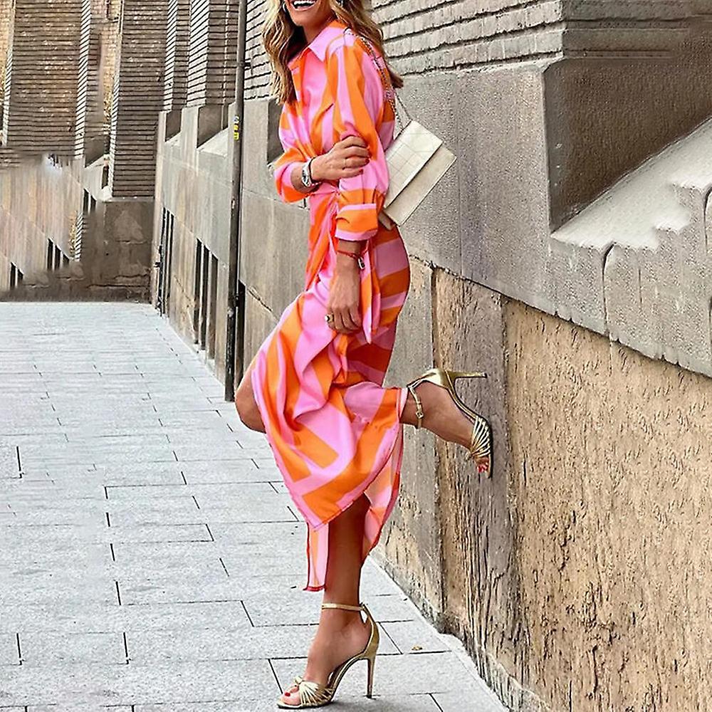 Women's Plus Size Long Sleeve Printed Lapel Tie Shirt Wrap Midi Dress (Orange and Pink S)