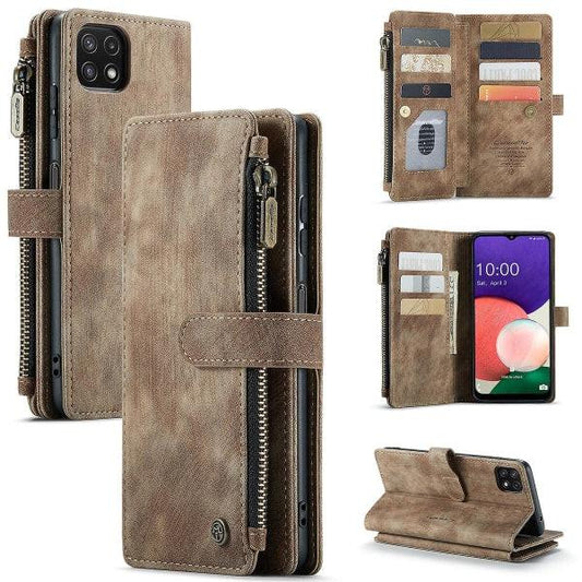 Compatible with Samsung Galaxy A22 5G Case Wallet with Magnetic Flip Zipper and Card Holder - Brown.