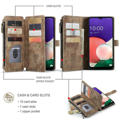 Compatible with Samsung Galaxy A22 5G Case Wallet with Magnetic Flip Zipper and Card Holder - Brown.