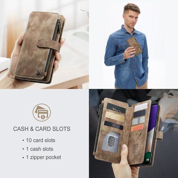 Compatible with Samsung Galaxy A22 5G Case Wallet with Magnetic Flip Zipper and Card Holder - Brown.