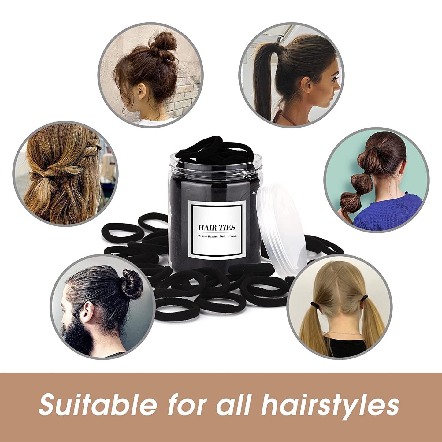 Black Hair Ties 50 pcs Seamless Cotton Ponytail Holders Elastic Bands for Thick Heavy Curly Hair Men Dark Women
