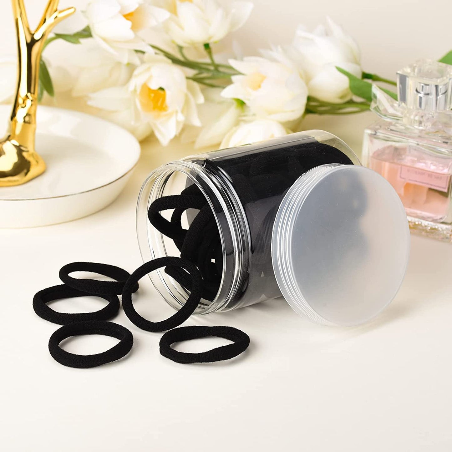 Black Hair Ties 50 pcs Seamless Cotton Ponytail Holders Elastic Bands for Thick Heavy Curly Hair Men Dark Women