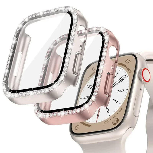 Diamond Glass Bling Bumper Case with Screen Protector Compatible with Apple Watch Series 9 8 7 6 SE 3 45mm 44mm 42mm 41mm 40mm 38mm Red.