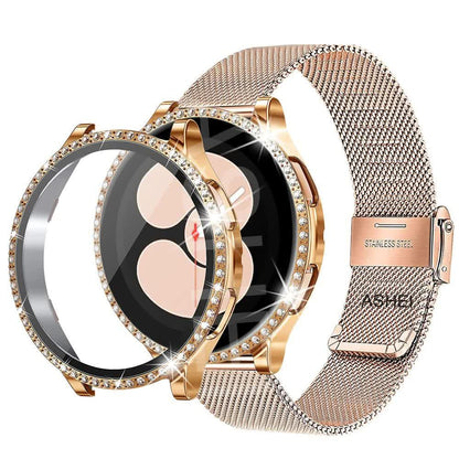 Stainless Steel Bracelet Compatible withSamsung Galaxy Watch 4 5 6 40mm 44mm Mesh Loop Bling Case Gold Set.