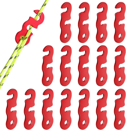 Rope Adjuster, 16pcs Aluminum Rope Tensioner, Tent Wind Rope Buckle, Rope Tensioner for Camping Hiking Backpacking Picnic Outdoor Tent Accessories 16 Pieces - Red Opening.